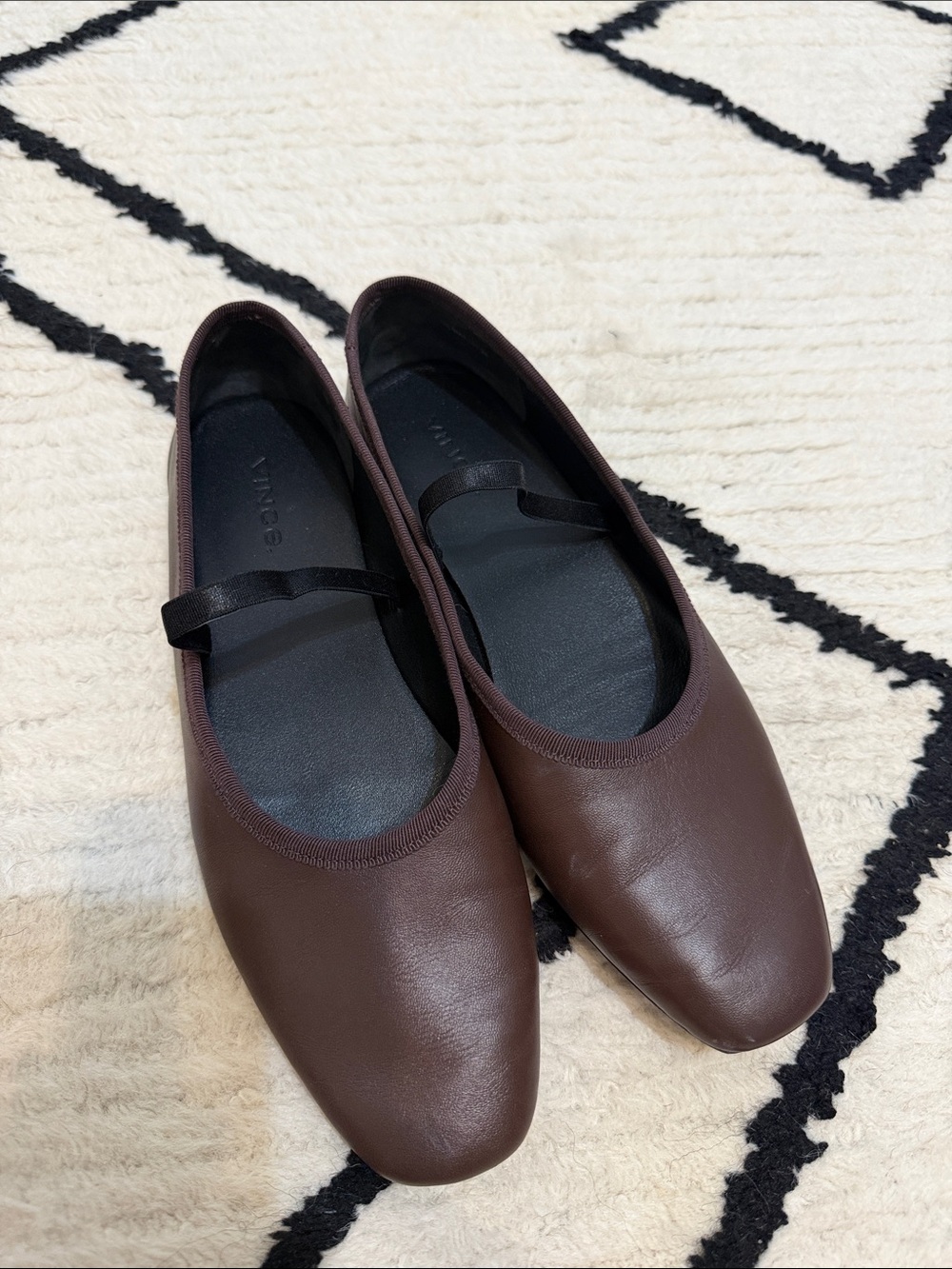 Vince Dark Brown Leather Mary Jane Ballet Flats with Elastic Strap